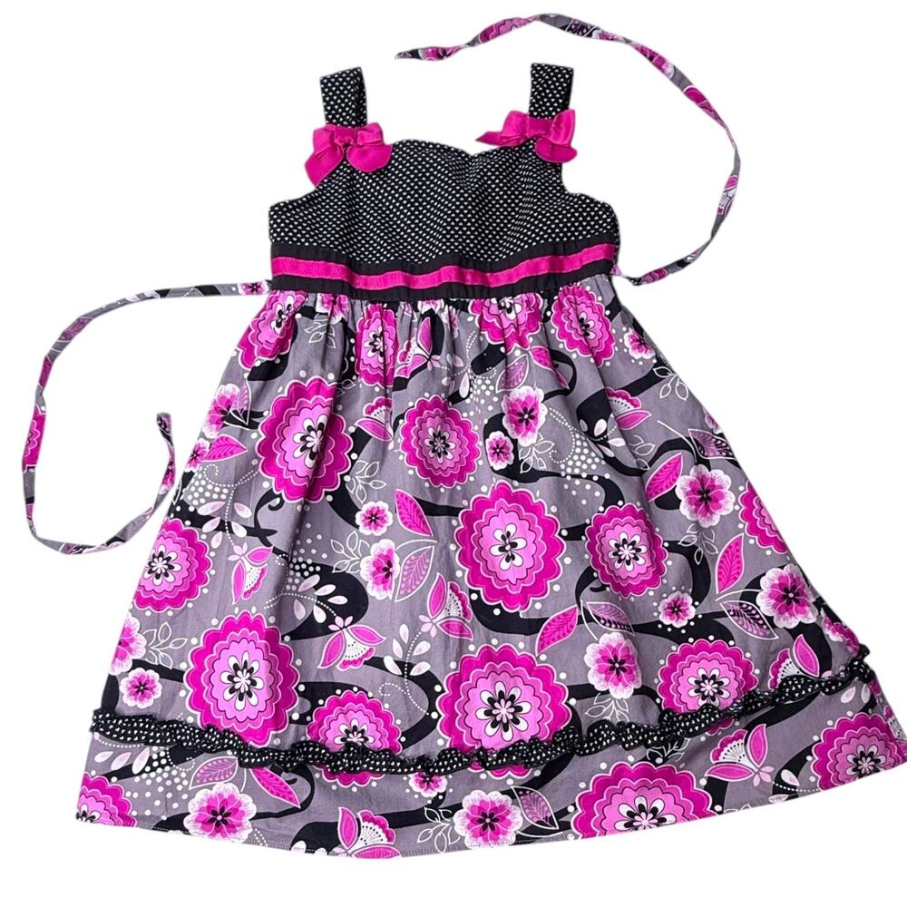 Emily West Fit Flare Dress Girls 7 Pink Bow Black Polka Dot Paisley Gray Floral